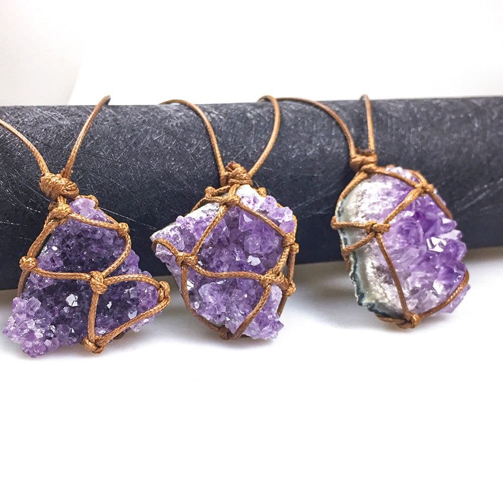 image-Natural Uruguay Amethyst Rough Stone Woven Pendant Necklace
