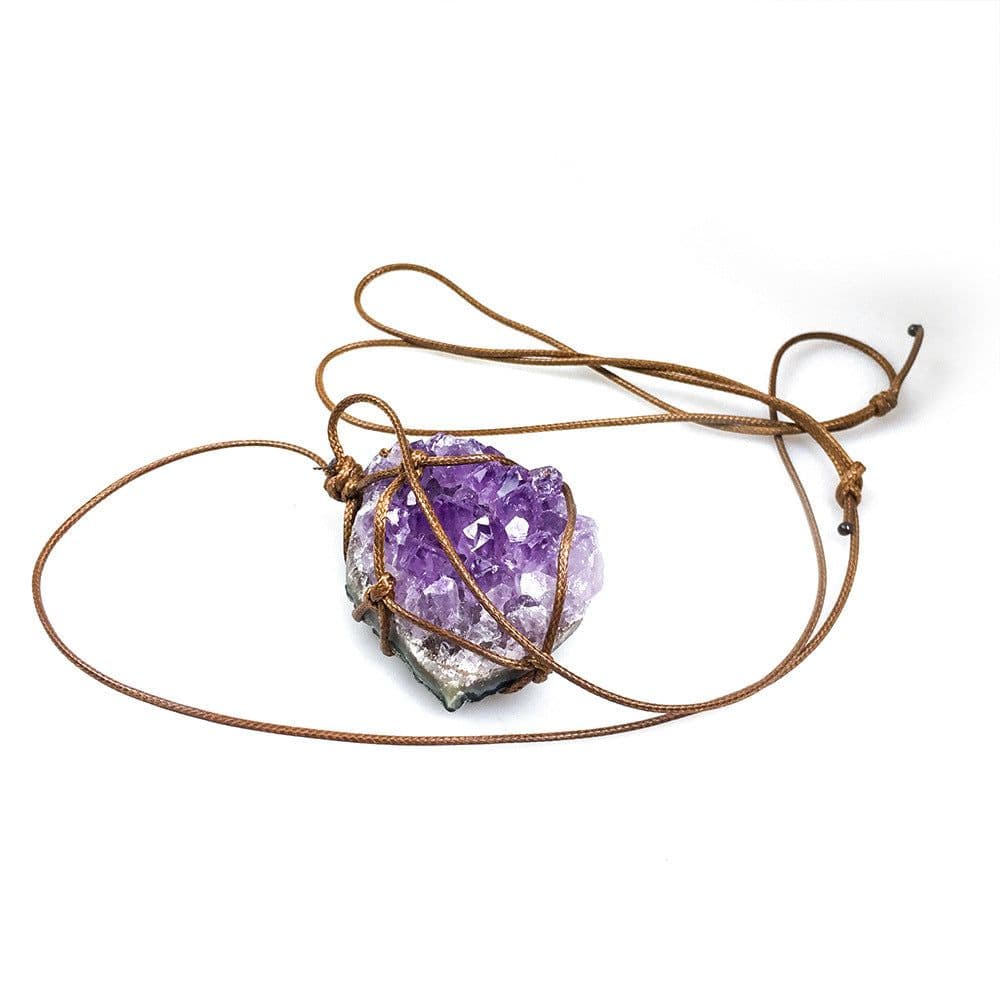 image-Natural Uruguay Amethyst Rough Stone Woven Pendant Necklace