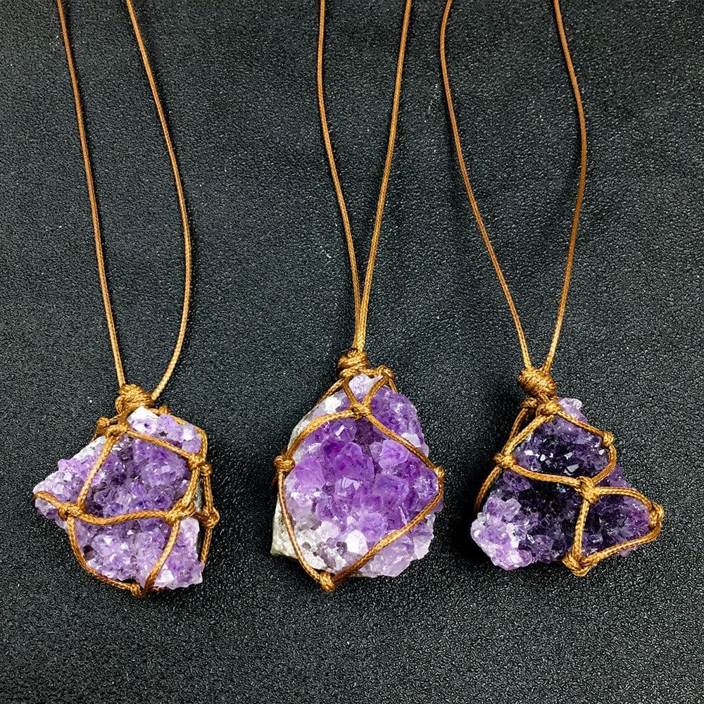 image-Natural Uruguay Amethyst Rough Stone Woven Pendant Necklace