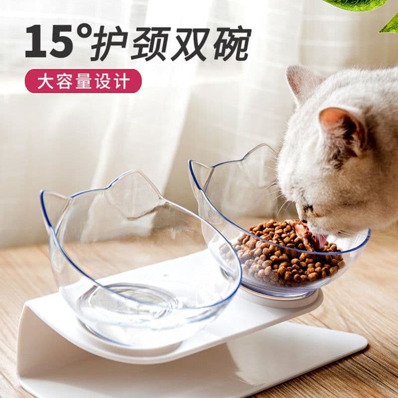 image-Le Pudding Double Bowl Cat Dog Pet Feeder Plastic Inclined Neck