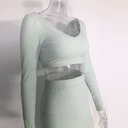 image-Women's V-Neck Long Sleeve Cotton Two-Piece Midi Dress