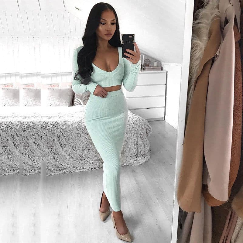 image-Women's V-Neck Long Sleeve Cotton Two-Piece Midi Dress