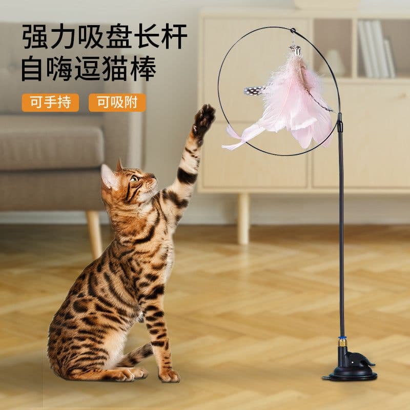 image-Cat Teaser Wand with Suction Cup, Feather, Replacement Heads & Bell