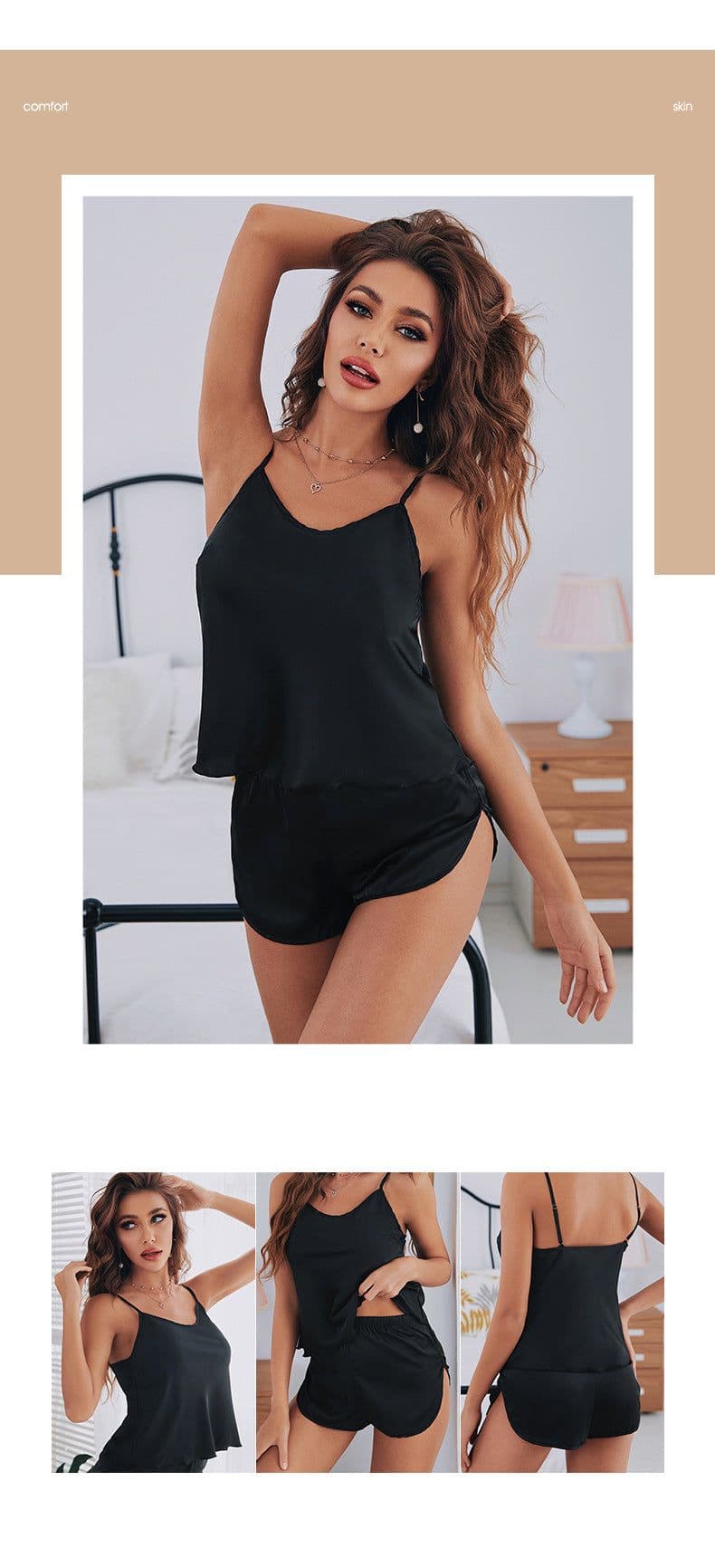 image-Yaoting Satin Camisole Pajama Set Women's Summer Shorts 2299
