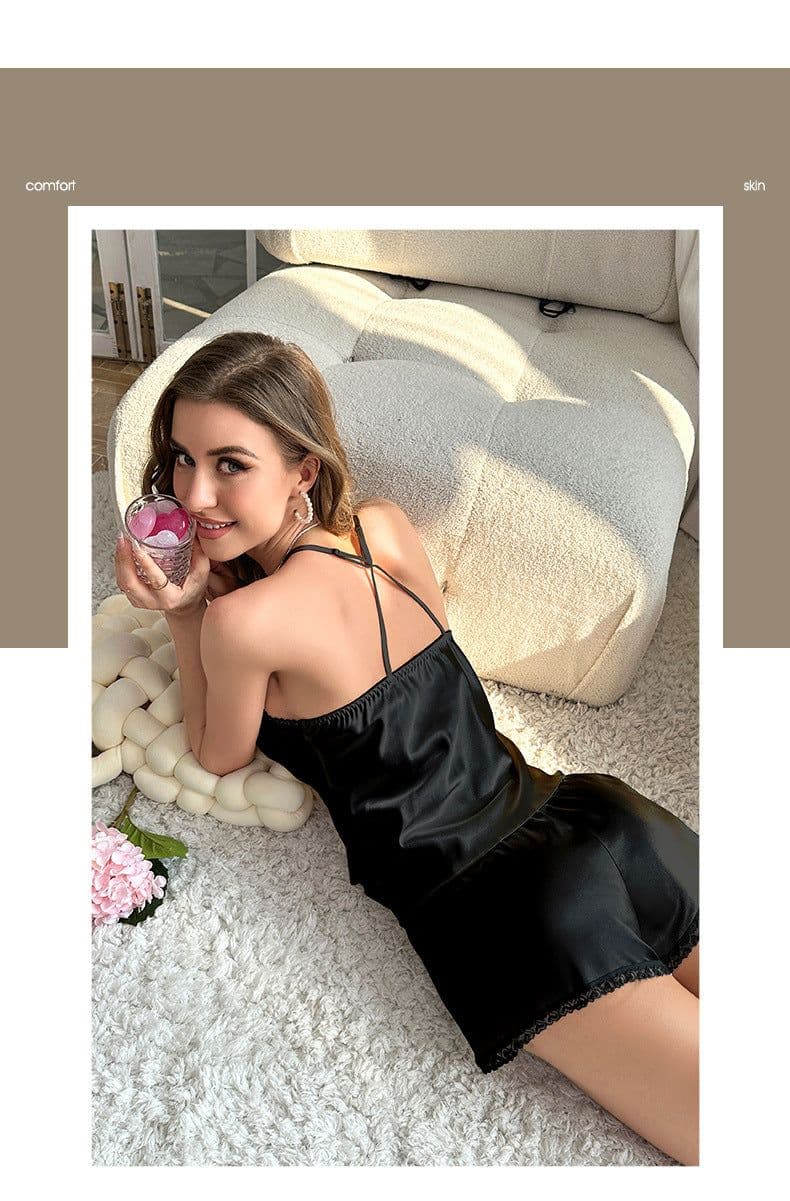 image-Yaoting Women's Satin Lace Cami Pajama Set 3155