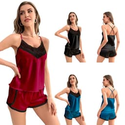 image-Yaoting Women's Satin Lace Cami Pajama Set 3155