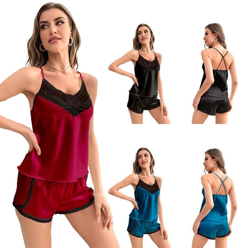 image-Yaoting Women's Satin Lace Cami Pajama Set 3155