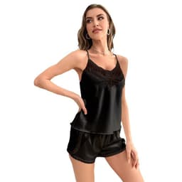 image-Yaoting Women's Satin Lace Cami Pajama Set 3155