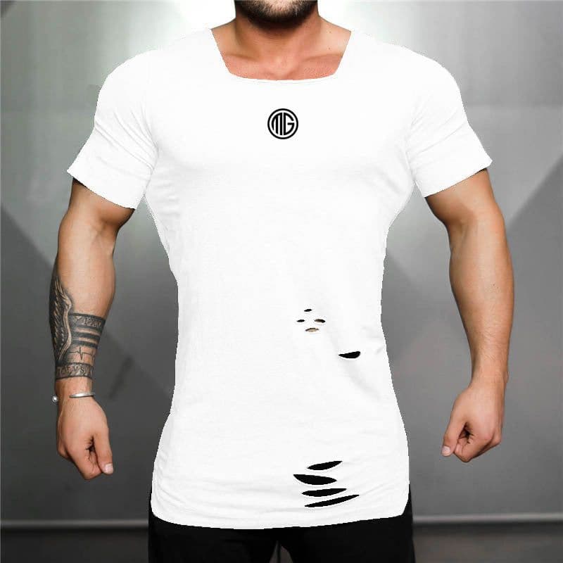 image-Men's Ripped Cotton T-Shirt Short Sleeve Square Collar Fitness Tee