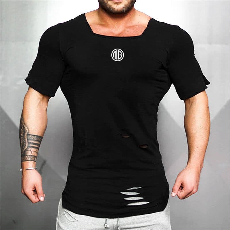 image-Men's Ripped Cotton T-Shirt Short Sleeve Square Collar Fitness Tee