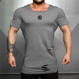 image-Men's Ripped Cotton T-Shirt Short Sleeve Square Collar Fitness Tee