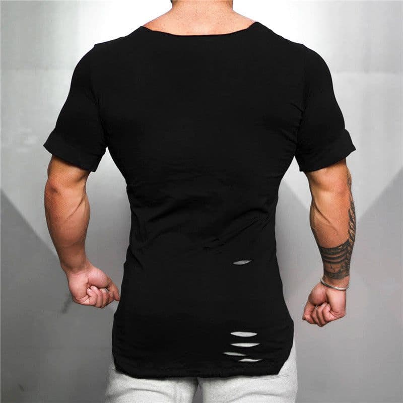 image-Men's Ripped Cotton T-Shirt Short Sleeve Square Collar Fitness Tee