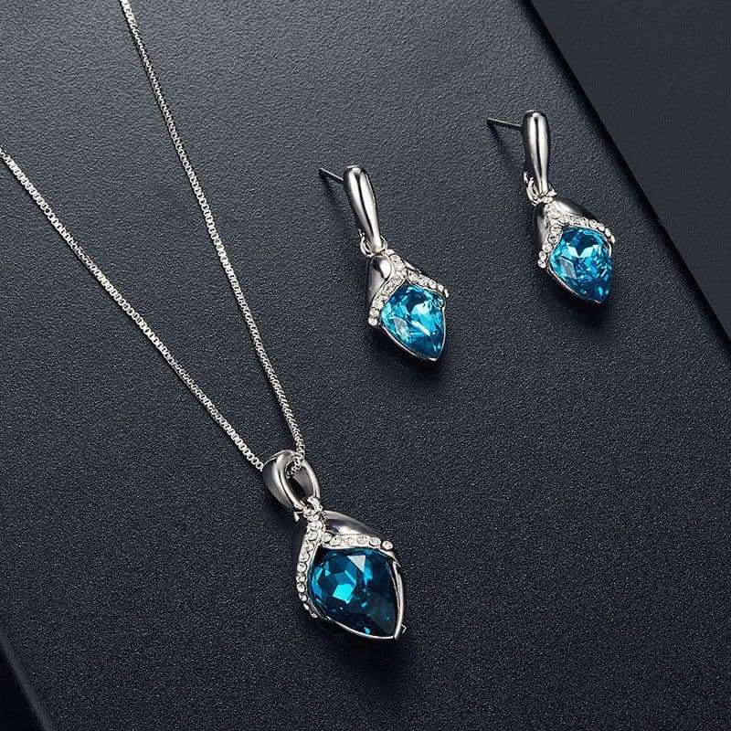 image-Peacock Gemstone Necklace Earrings Bridal Jewelry Set