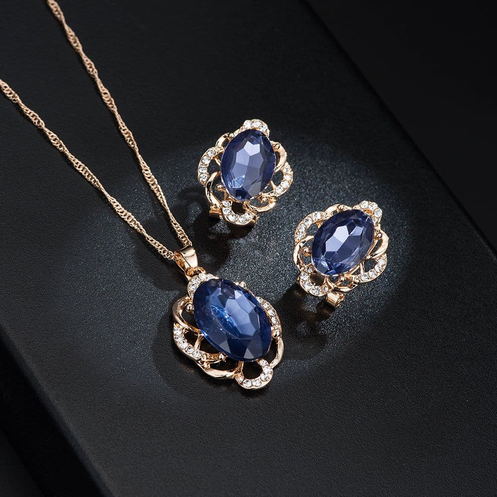 image-Peacock Gemstone Necklace Earrings Bridal Jewelry Set