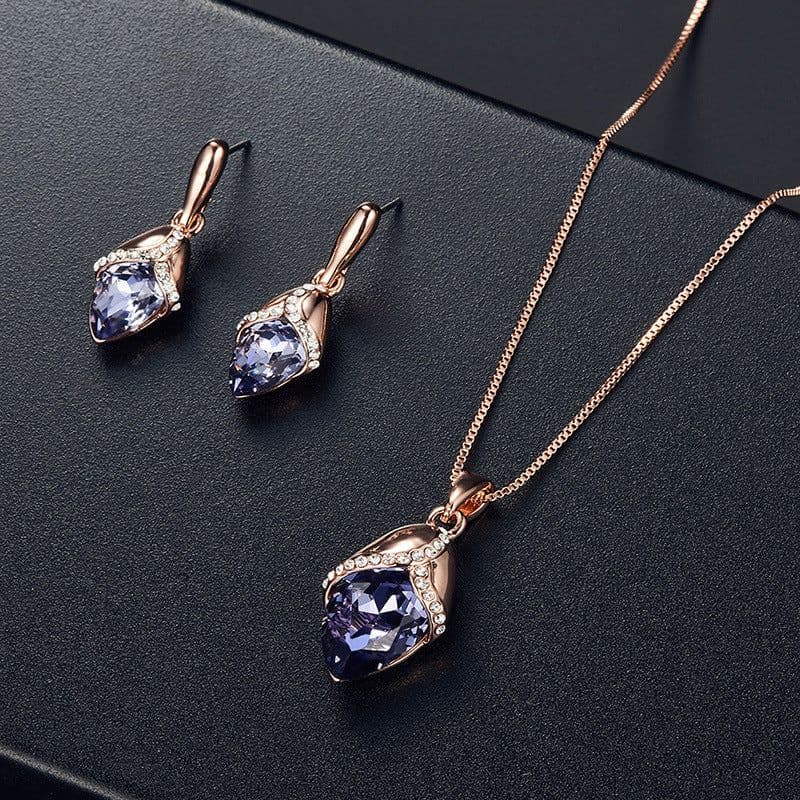 image-Peacock Gemstone Necklace Earrings Bridal Jewelry Set
