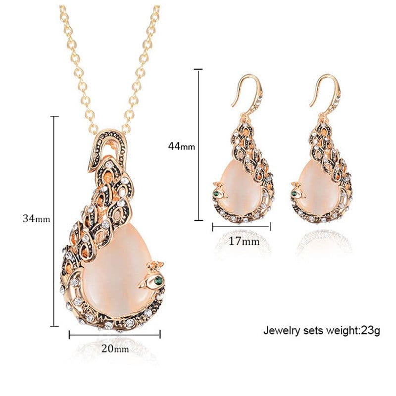 image-Peacock Gemstone Necklace Earrings Bridal Jewelry Set