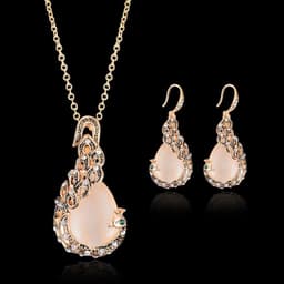 image-Peacock Gemstone Necklace Earrings Bridal Jewelry Set