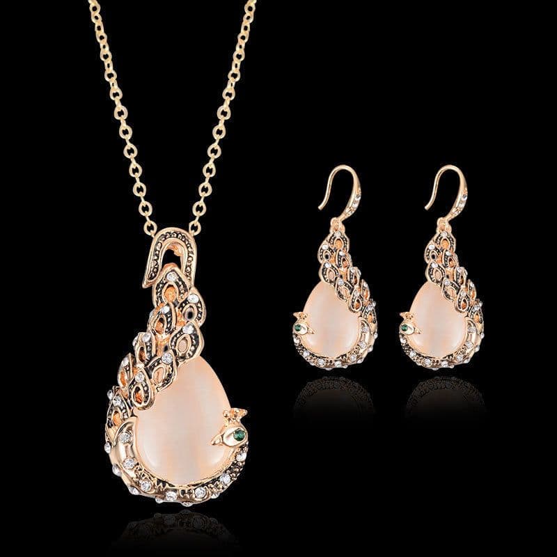 image-Peacock Gemstone Necklace Earrings Bridal Jewelry Set