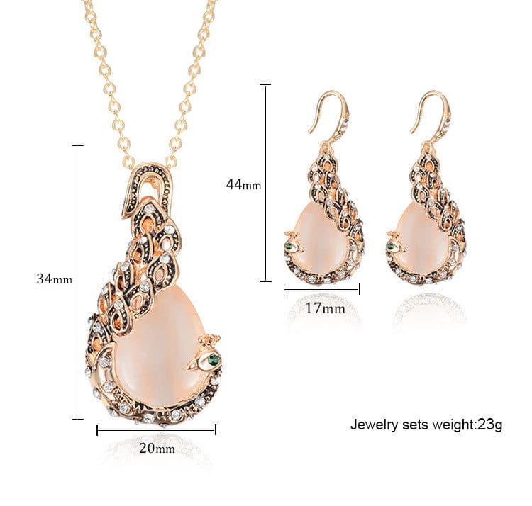 image-Peacock Gemstone Necklace Earrings Bridal Jewelry Set