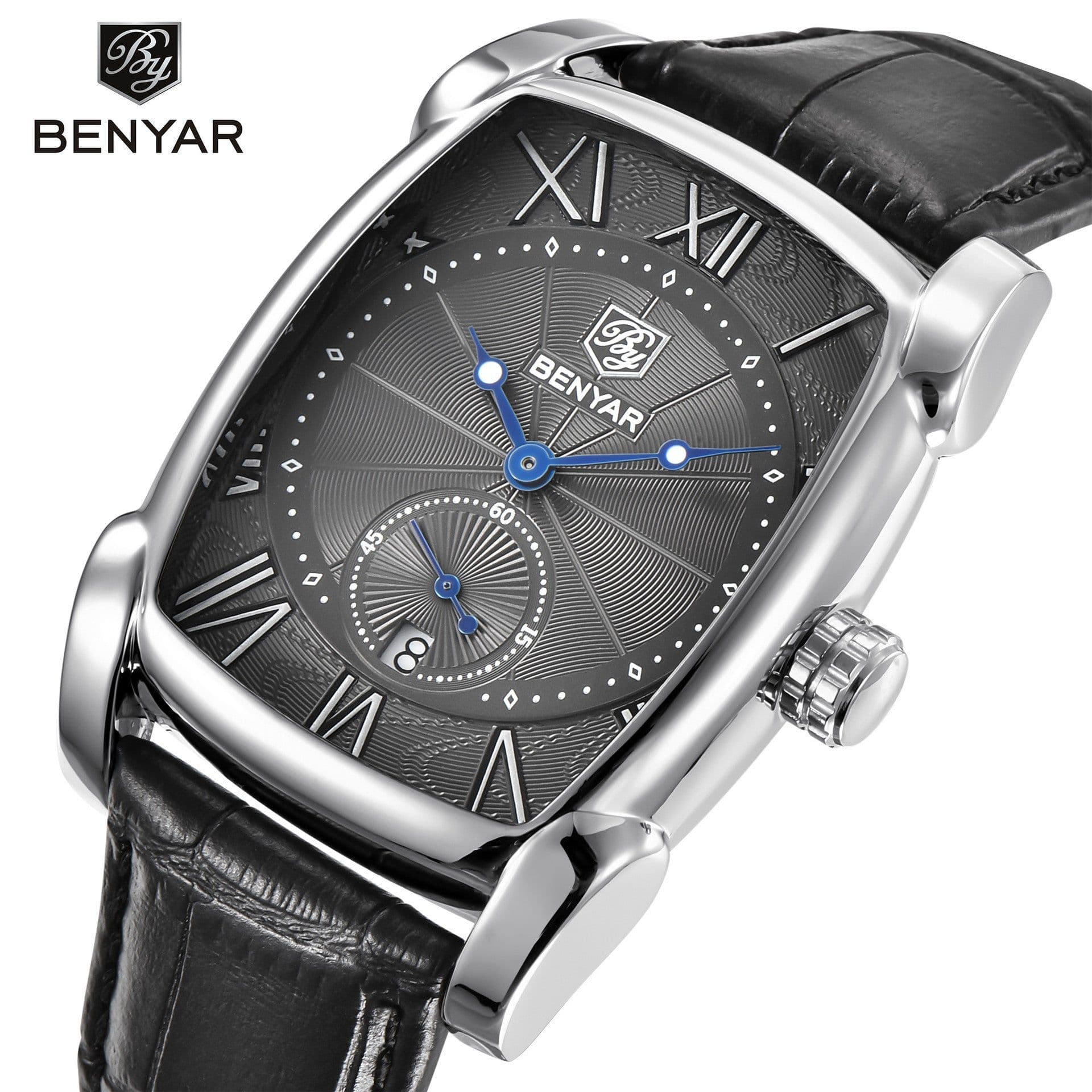 image-Benyar BY-5114 Men's Rectangular Quartz Watch Leather Strap