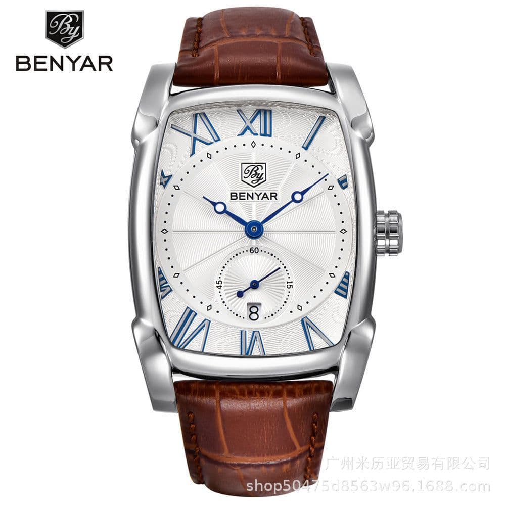 image-Benyar BY-5114 Men's Rectangular Quartz Watch Leather Strap