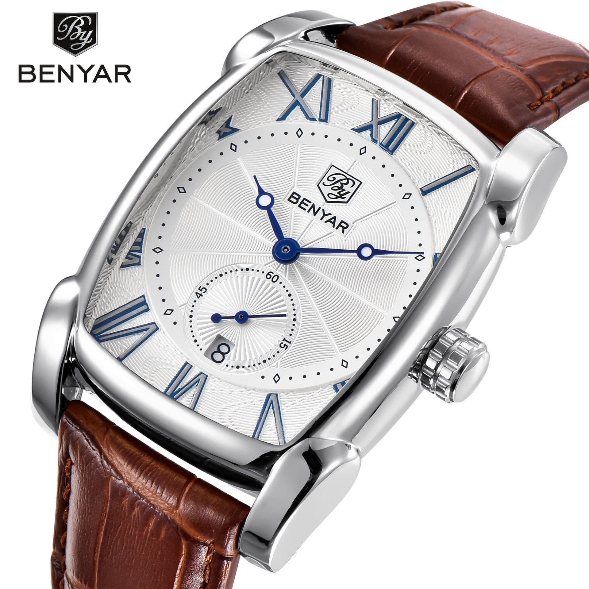 image-Benyar BY-5114 Men's Rectangular Quartz Watch Leather Strap