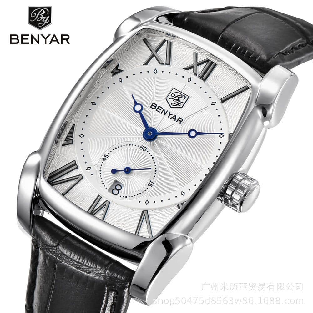 image-Benyar BY-5114 Men's Rectangular Quartz Watch Leather Strap