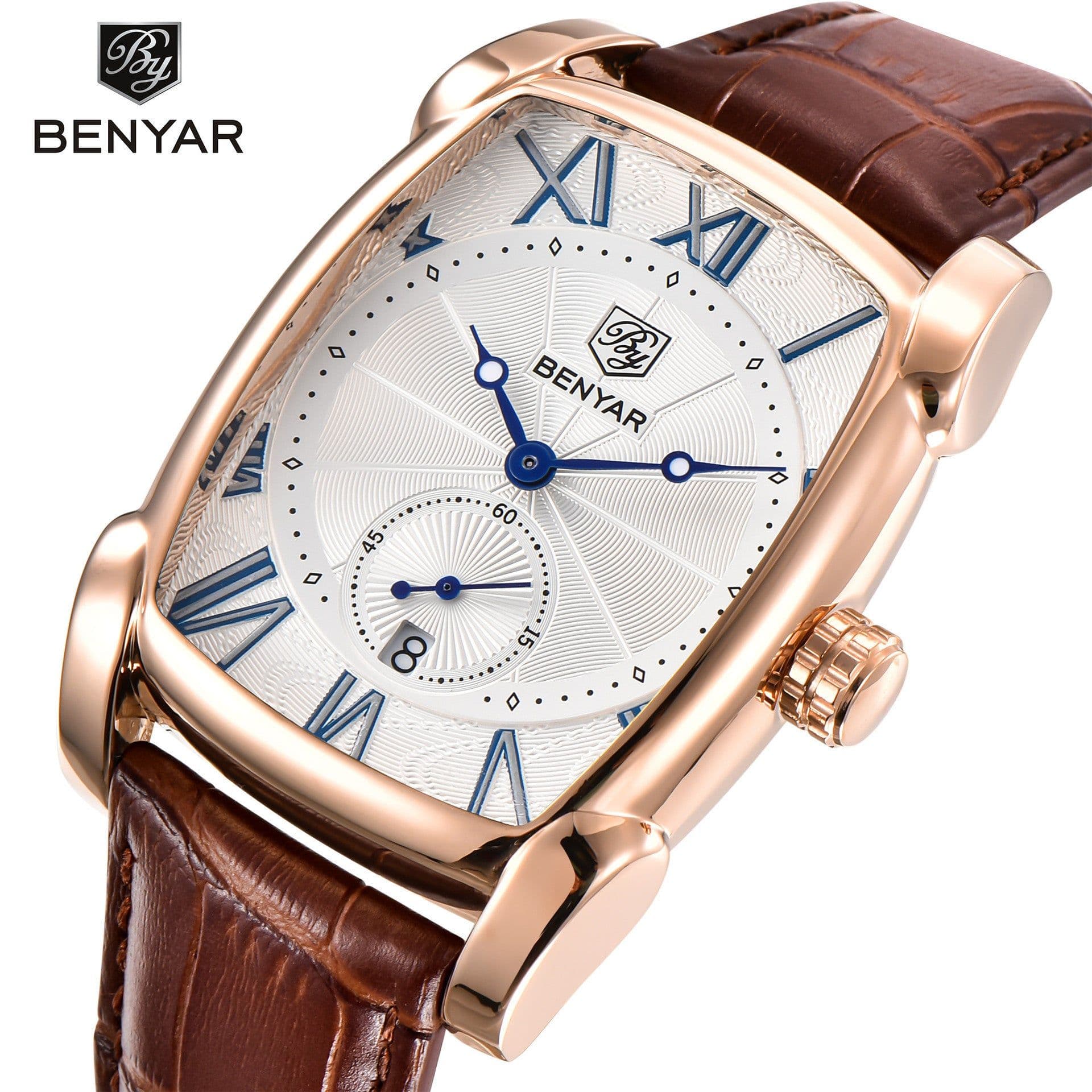 image-Benyar BY-5114 Men's Rectangular Quartz Watch Leather Strap