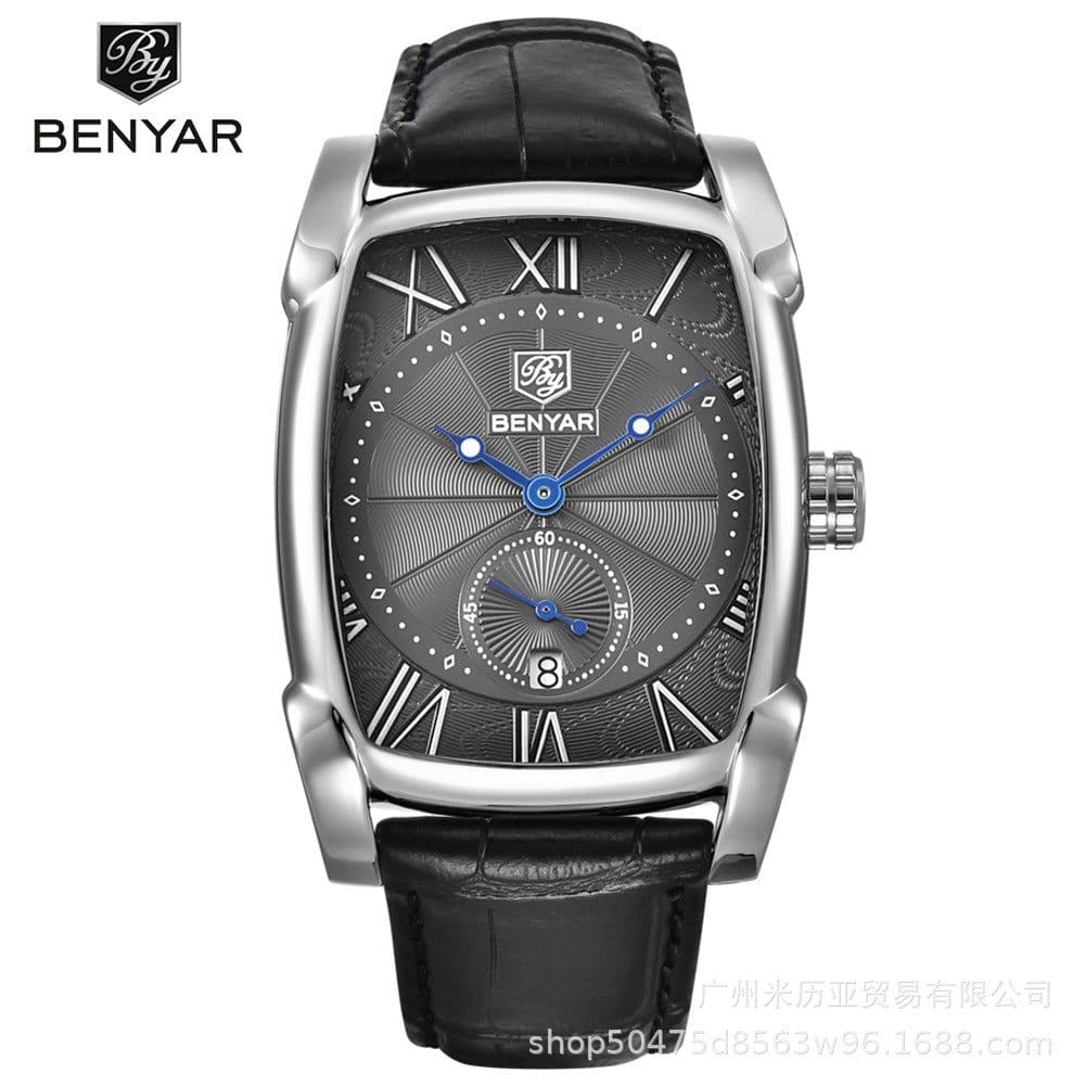 image-Benyar BY-5114 Men's Rectangular Quartz Watch Leather Strap