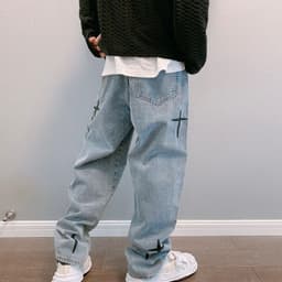image-Men's Straight Loose Jeans Casual Wide-Leg Cropped Pants