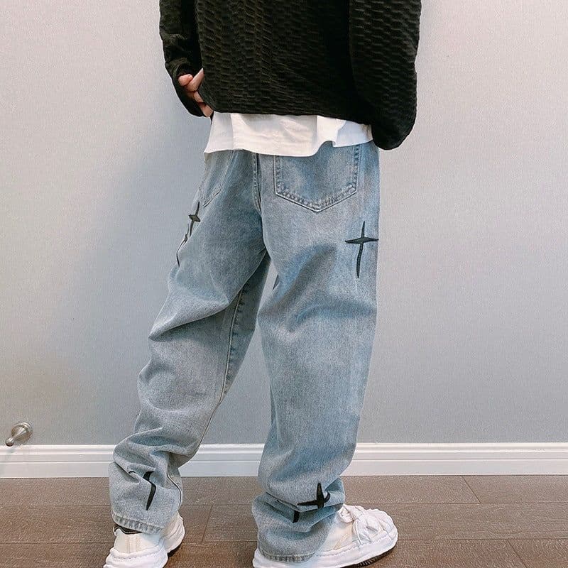 image-Men's Straight Loose Jeans Casual Wide-Leg Cropped Pants