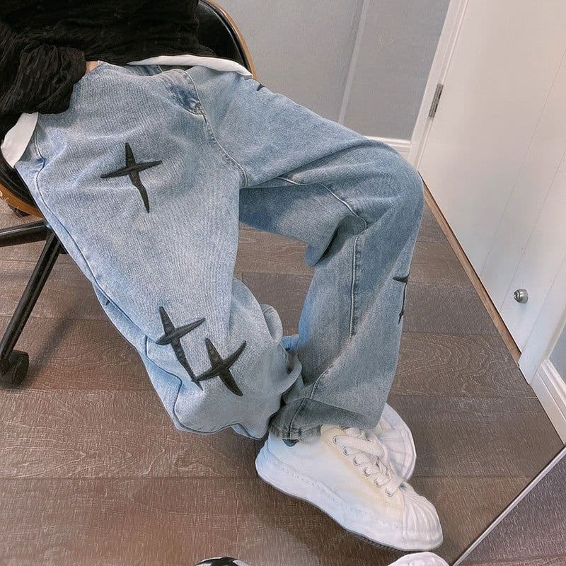 image-Men's Straight Loose Jeans Casual Wide-Leg Cropped Pants