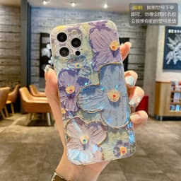 image-iPhone 14 Pro Max TPU Case Purple Blue Oil Painting Flowers