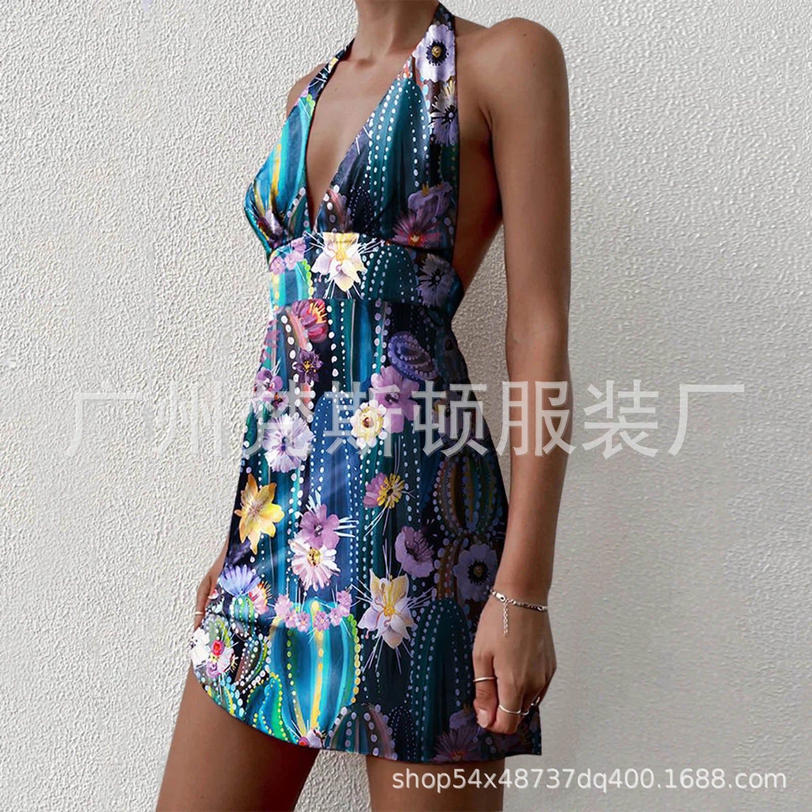 image-Women's Sleeveless V-Neck Printed Dress Summer Backless Irregular Hem
