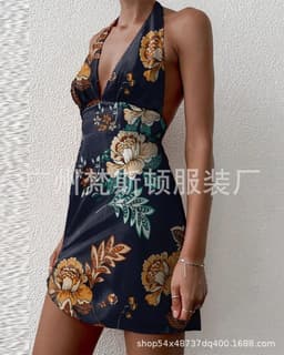 image-Women's Sleeveless V-Neck Printed Dress Summer Backless Irregular Hem