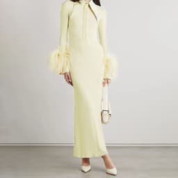 image-Women's High Waist Long Sleeve Knit Dress with Feather Cuffs