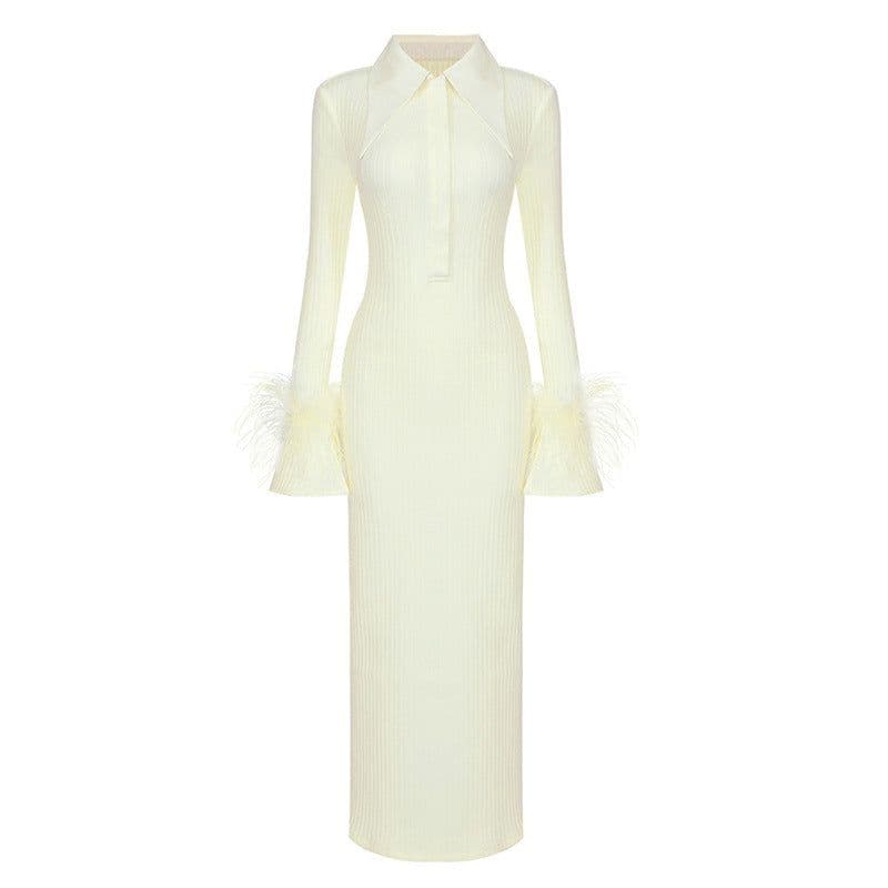 image-Women's High Waist Long Sleeve Knit Dress with Feather Cuffs