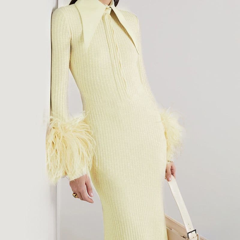 image-Women's High Waist Long Sleeve Knit Dress with Feather Cuffs