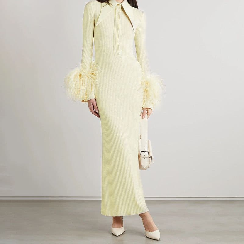 image-Women's High Waist Long Sleeve Knit Dress with Feather Cuffs