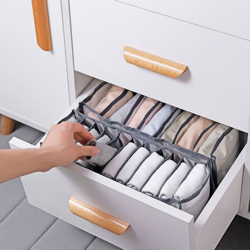 image-Foldable Underwear Storage Box with Compartments - Beige Nylon Bra Organizer