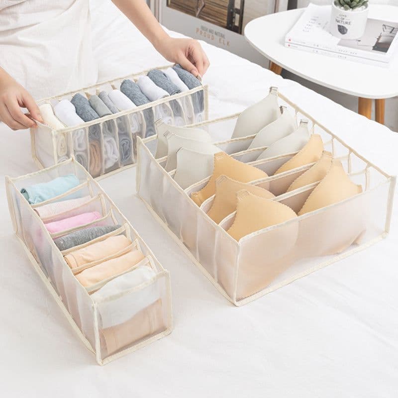 image-Foldable Underwear Storage Box with Compartments - Beige Nylon Bra Organizer