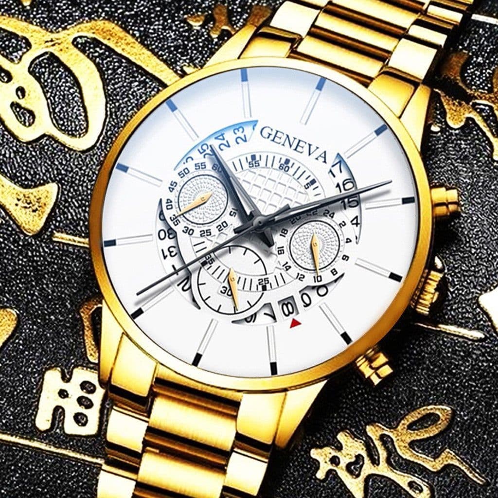 image-Geneva Men's Quartz Watch Alloy Case Steel Band Calendar 40mm