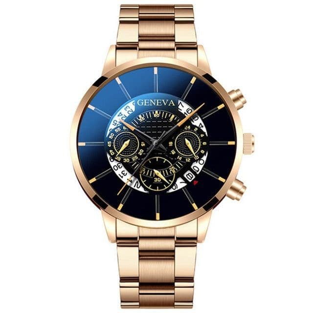 image-Geneva Men's Quartz Watch Alloy Case Steel Band Calendar 40mm