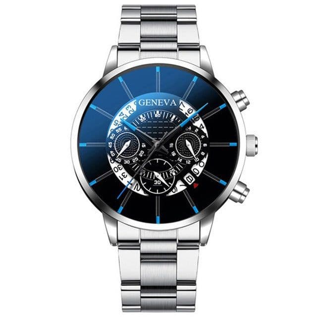 image-Geneva Men's Quartz Watch Alloy Case Steel Band Calendar 40mm