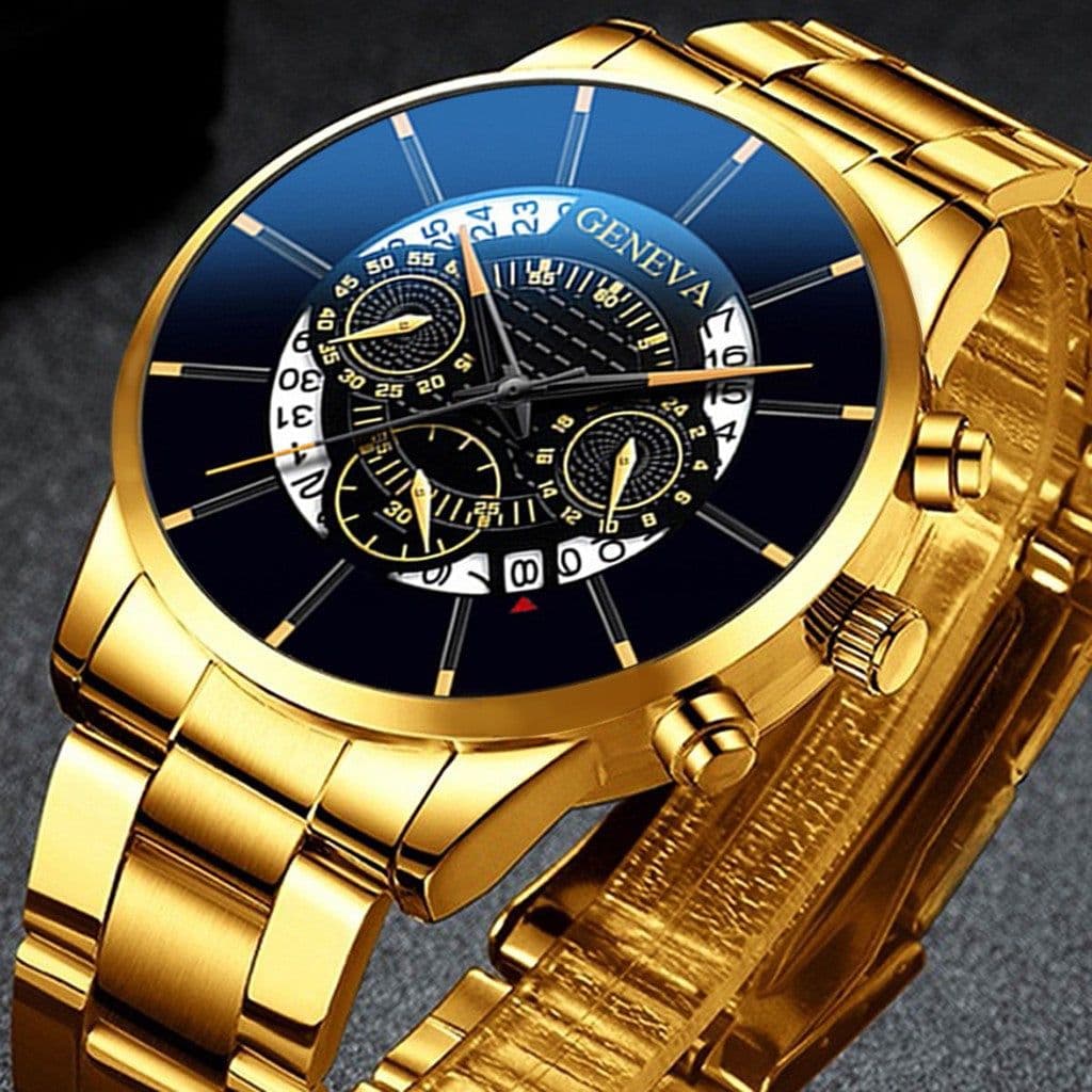 image-Geneva Men's Quartz Watch Alloy Case Steel Band Calendar 40mm