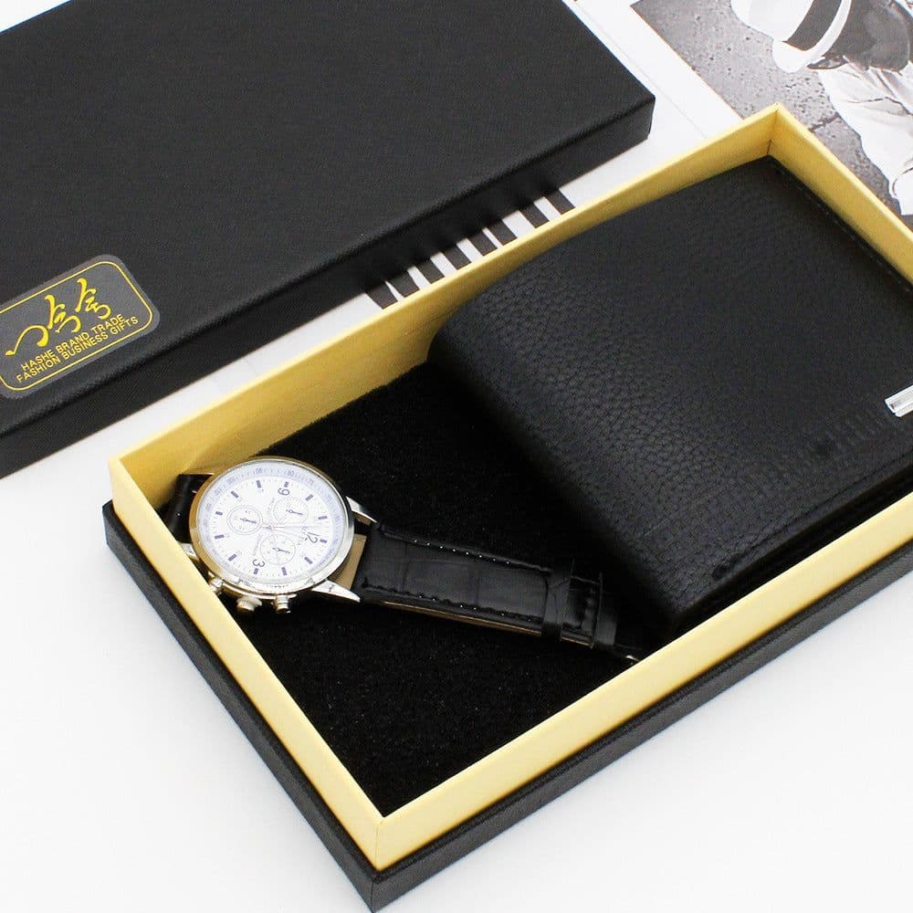 image-Men's Fashion Quartz Watch with PU Strap and Wallet Set