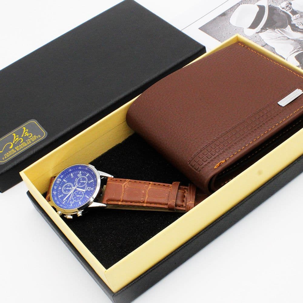 image-Men's Fashion Quartz Watch with PU Strap and Wallet Set