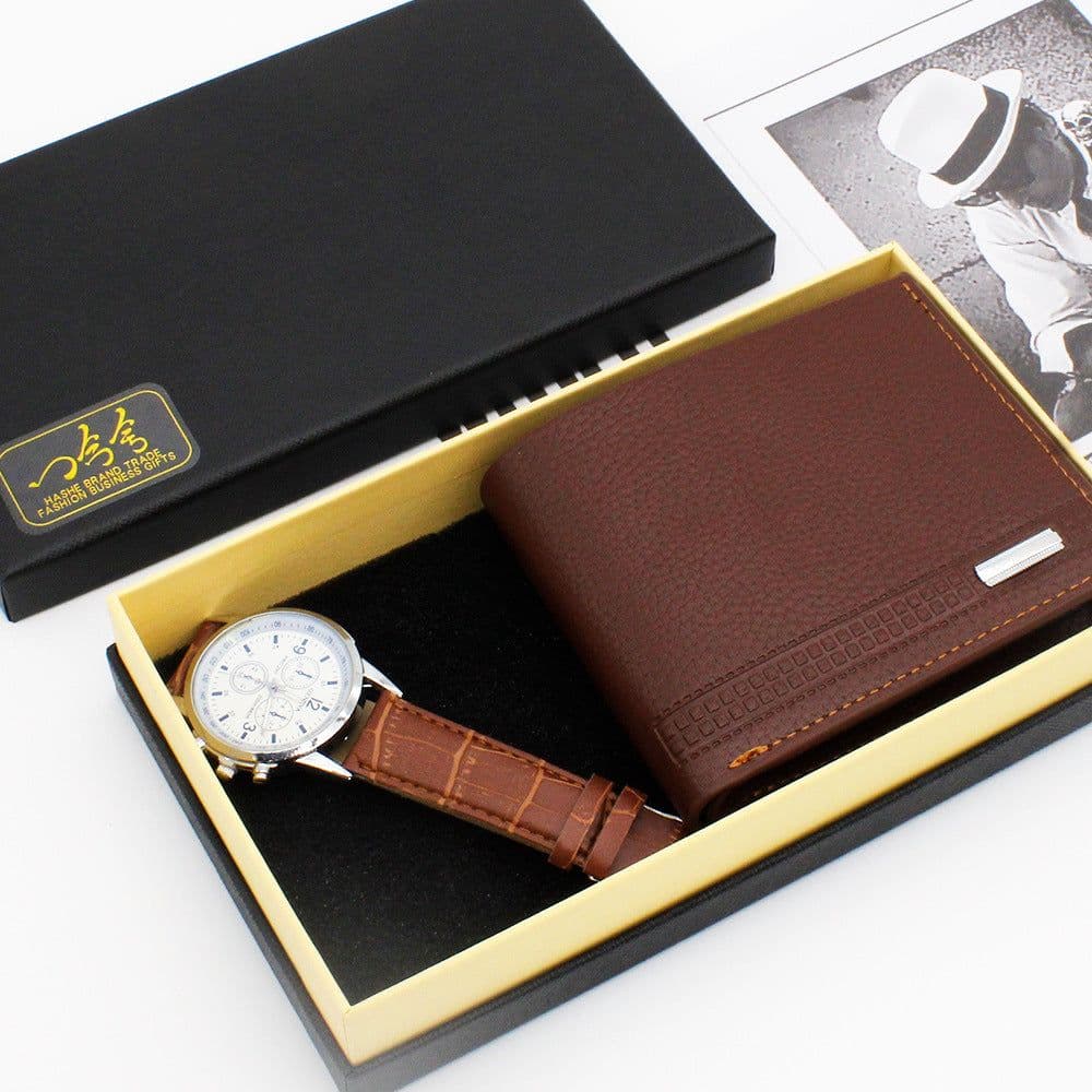 image-Men's Fashion Quartz Watch with PU Strap and Wallet Set