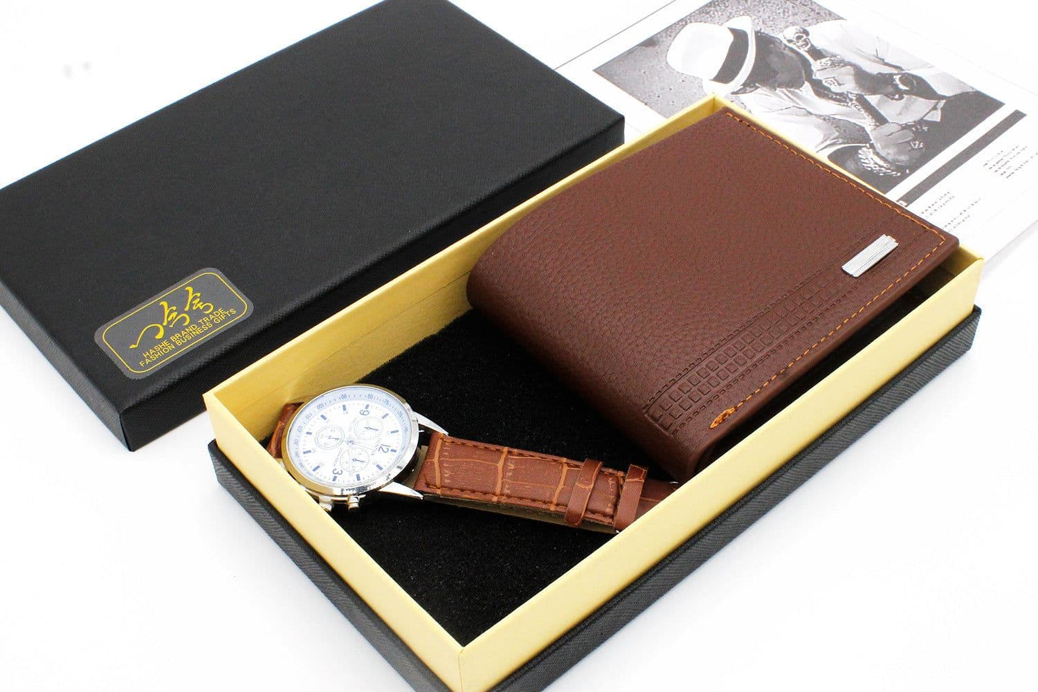 image-Men's Fashion Quartz Watch with PU Strap and Wallet Set