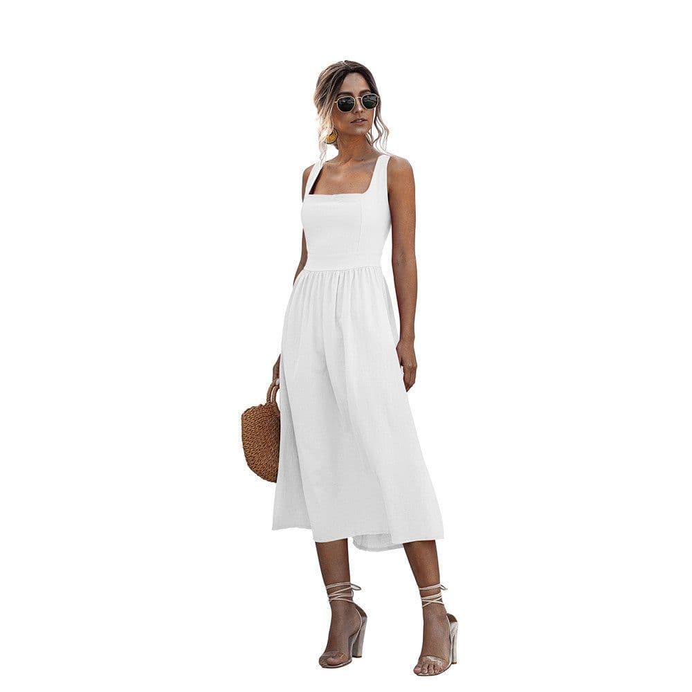 image-Women's Sleeveless High Waist Backless Midi Dress Polyester A-Line